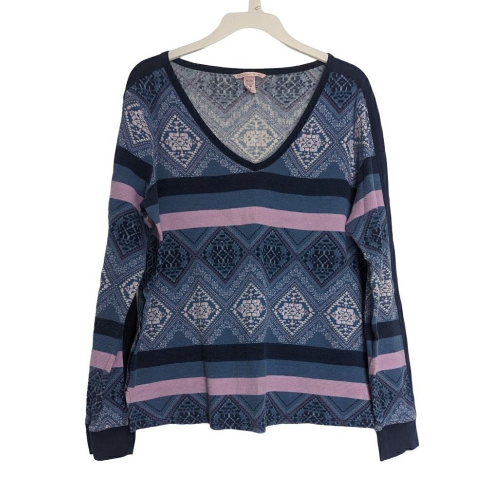 Victoria's Secret V-Neck Pullover Long Sleeve Diamond Knit Shirt Blue Large